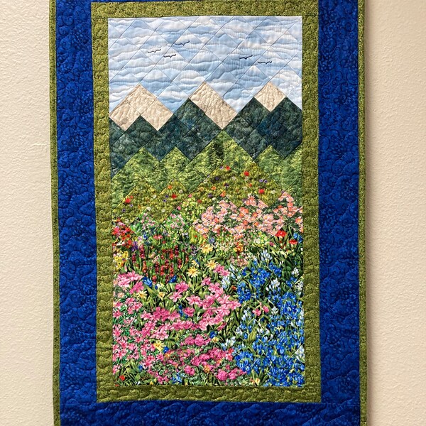 Wildflower Mountain Quilt Art Fabric Wall Hanging, Paysage Vertical 20x33" Tapestry, Summer Pink Yellow Blue Flower Fields Nature Artwork