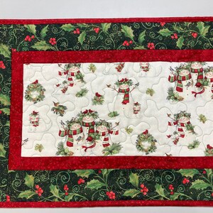 Snowman Christmas Winter Dining or Coffee Table Runner, 16x48" Quilted, Reversible, Snowflakes Birds Cats Children Whimsical, Wide Handmade image 3