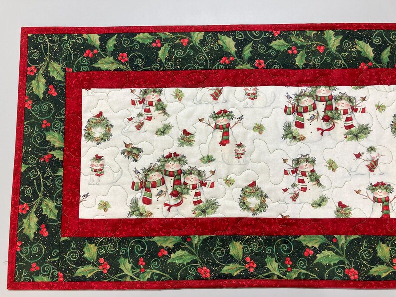 Snowman Christmas Winter Dining or Coffee Table Runner, 16x48" Quilted, Reversible, Snowflakes Birds Cats Children Whimsical, Wide Handmade image 3