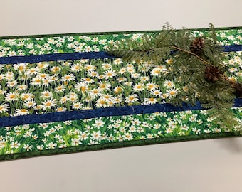 White Daisies Grassy Garden Quilted Table Runner, Dining Room Coffee Table Reversible 13x48" Summer End Table, Garden Everyday Handmade