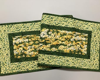 Yellow Daisies Grassy Garden Quilted Table Runner, Dining Room Coffee Table Reversible 13x48" Summer End Table, Nature Everyday Handmade