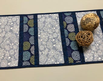 Modern Blue Gray Minimalist Boho Quilted Table Runner, Dining Room Coffee Table Reversible 13x52" Mid Century Modern Flower
