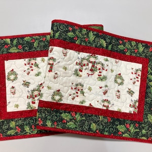 Snowman Christmas Winter Dining or Coffee Table Runner, 16x48" Quilted, Reversible, Snowflakes Birds Cats Children Whimsical, Wide Handmade image 1