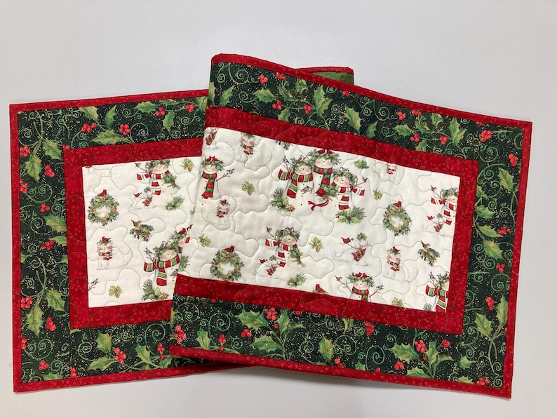Snowman Christmas Winter Dining or Coffee Table Runner, 16x48" Quilted, Reversible, Snowflakes Birds Cats Children Whimsical, Wide Handmade image 1