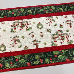 Snowman Christmas Winter Dining or Coffee Table Runner, 16x48" Quilted, Reversible, Snowflakes Birds Cats Children Whimsical, Wide Handmade image 2