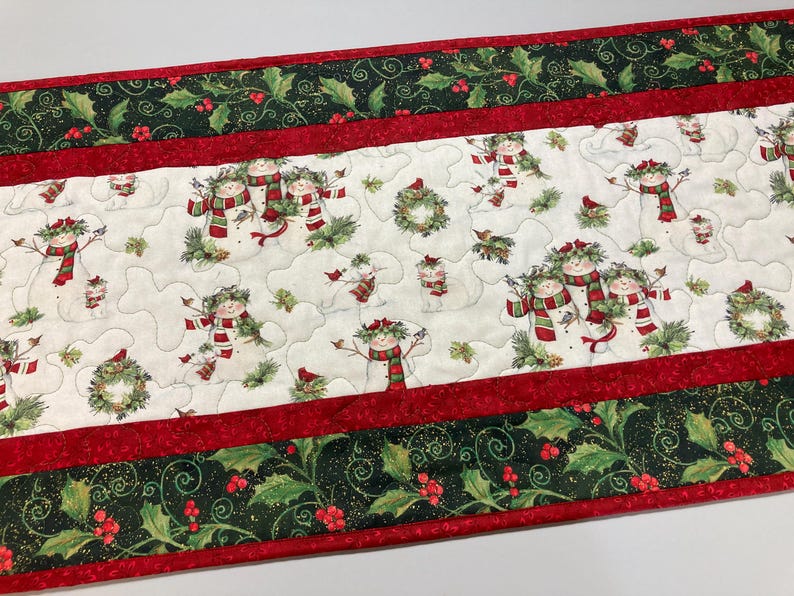 Snowman Christmas Winter Dining or Coffee Table Runner, 16x48" Quilted, Reversible, Snowflakes Birds Cats Children Whimsical, Wide Handmade image 2