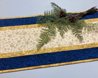 Christmas Blue Gold Snowflakes Quilted Table Runner, Hanukkah, 13x48" Reversible Fall Dining Coffee Table, Holiday Winter Handmade