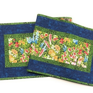 Summer Wildflowers Quilted Dining Table Runner, 13x48" Yellow Red Blue Flowers Handmade