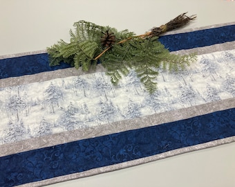 Snowy Winter Trees Quilted Dining Table Runner, 13x48 Reversible, Blue Coffee End Table Cabin Everyday Nature Woods Mountains Handmade