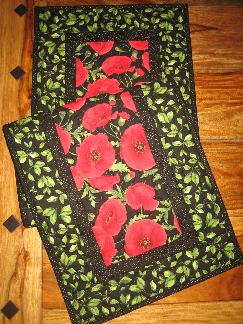 14 x 48 Reversible Large Red Flowers Red Poppies Quilted Table Runner Handmade TahoeQuilts Coffee Dining Table Summer Table Decor