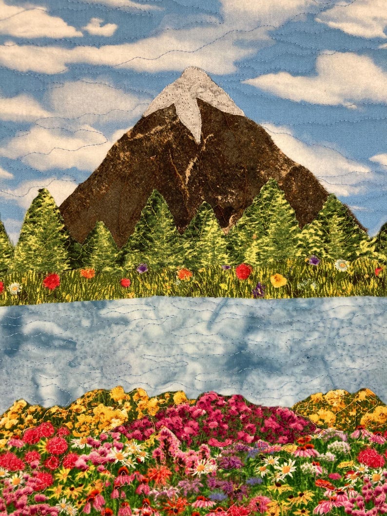 Meadow Flowers Mountain Lake Landscape Art Quilt, 14x19 Tapestry Fabric