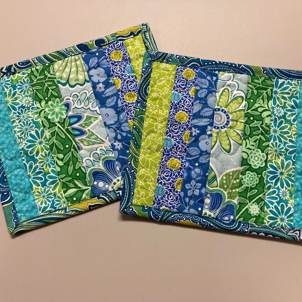 Blue Green Spring Summer Mug Rug Snack Mat Set of (2) Coffee End Table, Large Coasters 7x8", Quilted Boho Scrappy Bright Handmade