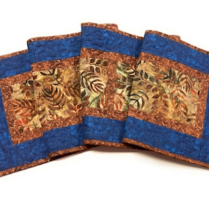 Batik Fall Leaves Quilted Dining Table Runner, Brown Rust Blue, 13x70" Minimalist Modern