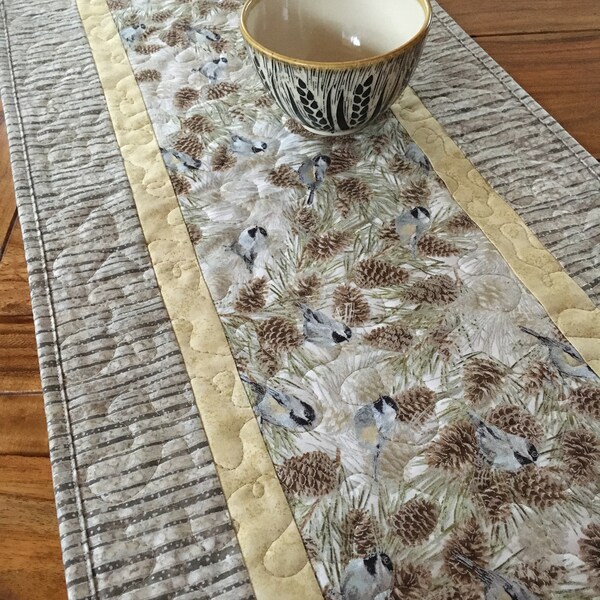 Chickadees Snowy Pine Cones Quilted Holiday Table Runner, 13x48", Reversible Cardinal Birds, Taupe Gray Coffee Dining Table Handmade