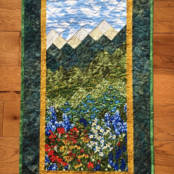 Wildflower Mountain Quilt Art Fabric Wall Hanging, Landscape Textile Art 19x31" Tapestry, Summer Red Blue Flowers Cabin Nature Artwork