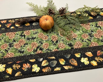 Pine Cones and Leaves Quilted Dining Table Runner, Reversible, Coffee Table Runner, Dresser Scarf Nightstand, End Table 13x48" Handmade