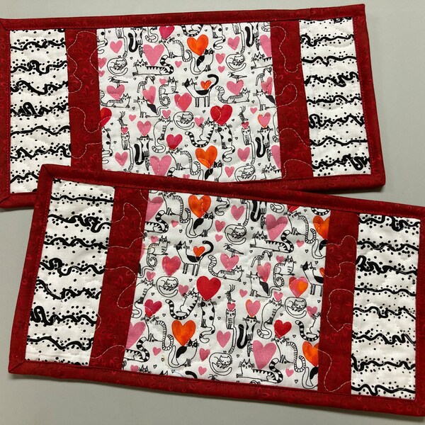 Sassy Cats Fabric Quilted Mug Rugs Snack Table Mats, 6x12" Set of Two(2), Valentine Hearts Cat Lover Feline Whimsical Quirky Fun,  Handmade