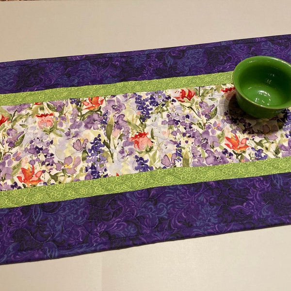 Spring Lilacs Purple Red Flowers Quilted Dining Table Runner, Reversible 13x48" Handmade, Coffee End Table Nightstand Dresser Scarf