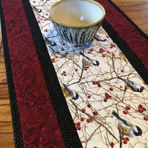 Mountain Chickadees Quilted Table Runner, 13x48" Reversible Fall, Birds Long Burgundy Red Winter Buffet Coffee Dining Table Everyday Woods