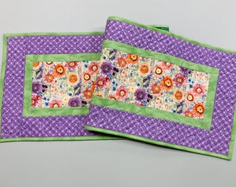 Purple Orange Yellow Spring Flowers Quilted Table Runner, Dining Coffee Table, Reversible 13x48" Easter Garden Floral Nature Bright Summer