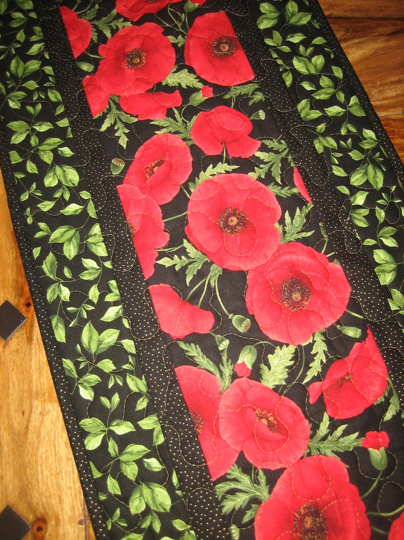 14 x 48 Reversible Large Red Flowers Red Poppies Quilted Table Runner Handmade TahoeQuilts Coffee Dining Table Summer Table Decor