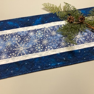 Blue Silver Snowflakes Winter Table Runner Quilted 13x48", Hanukkah Reversible Dining Coffee Table, Holiday Dresser Scarf Long Handmade