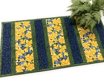 Yellow Daffodils Blue Flowers Quilted Table Runner for Dining Coffee Table, Summer 13x27", Short Colorful Garden Floral Spring Handmade