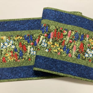 Quilted Table Runner Summer Texas Wildflowers, 13x48&quot; Yellow Red Blue Flowers, Dining Room Coffee Table Runner, Garden Floral Everyday