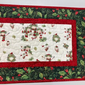 Snowman Christmas Winter Dining or Coffee Table Runner, 16x48" Quilted, Reversible, Snowflakes Birds Cats Children Whimsical, Wide Handmade image 4