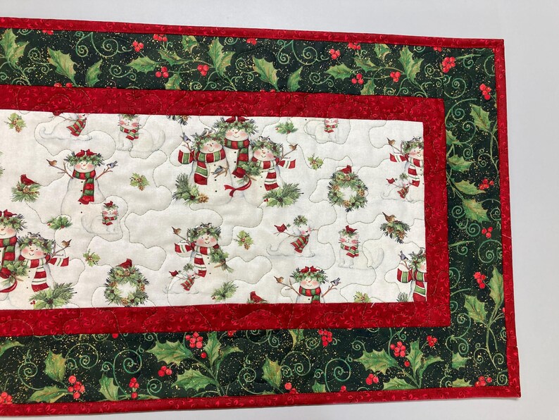 Snowman Christmas Winter Dining or Coffee Table Runner, 16x48" Quilted, Reversible, Snowflakes Birds Cats Children Whimsical, Wide Handmade image 4