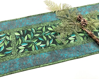 Reserved for Deborah - Blue Green Vines Summer Leaves Quilted Table Runner, 13x70" Washable, Dining Coffee End Table
