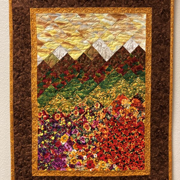 Fall Sunset Flowers Landscape Art Quilt, Tapestry 20x27", Fabric Wall Hanging, Small Vertical Mountain Snow Pine Trees Golden Green Autumn