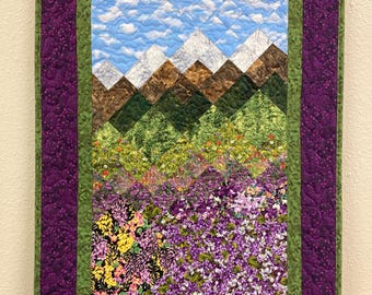 Summer Purple Yellow Meadow Mountain Art Quilt Tapestry, Fabric Wall Hanging, 21x29" Original Artwork, Vertical Forest Meadow Scenic Picture