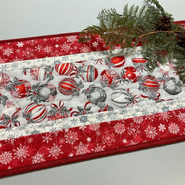 Red Silver Christmas Ornaments Quilted Dining Table Runner, 13x48", Winter Holiday Coffee End Table, Dresser Scarf Reversible Snowflakes