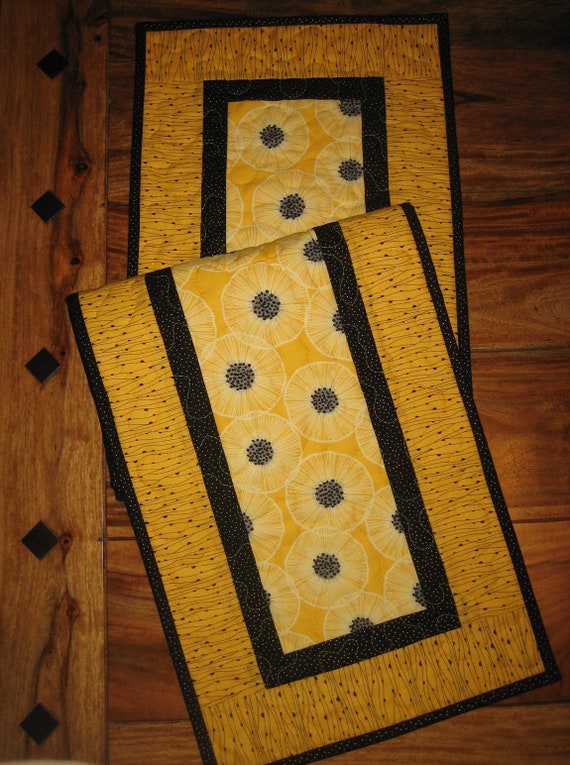 Quilted Table Runner Yellow Poppies With Black Dining Room Coffee Table Reversible 13 X 48 Modern Abstract Handmade