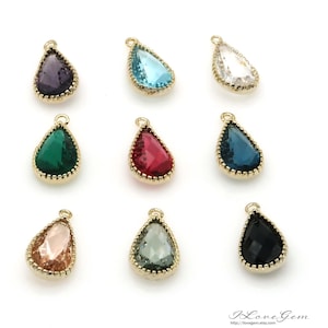 2pcs, Teardrop Glass Dangle Pendant, B0177, Gold Plated Brass, 8X15.5mm, Framed Glass Charm, DIY Making Jewelry