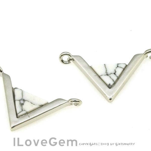 NP-1926 Rhodium, White Howlit, V Gemstone Pendant, Geometric Pendant, Statement necklace Pendant, 2pcs