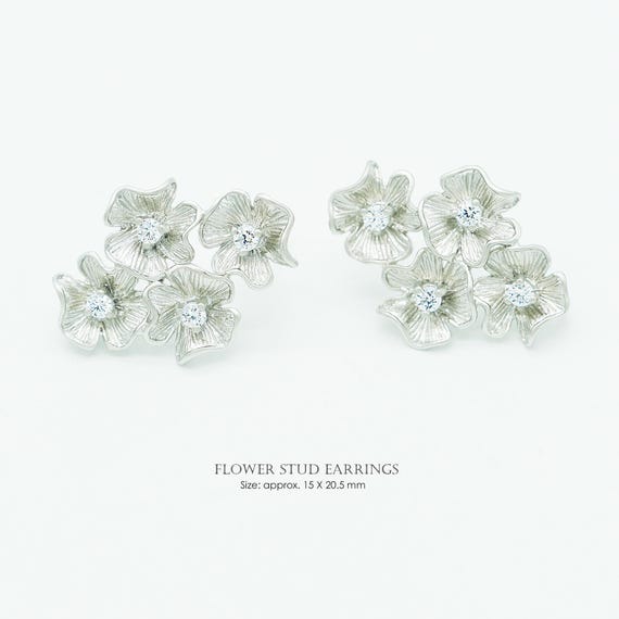 Flower Cluster Stud Earrings, P1003, Matte Rhodium plated Brass, 15X20.5mm, Floral Earrings with CZ, Botanical Jewelry Supplies