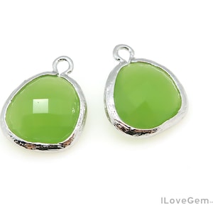 Apple Green Glass Pendant, P1750, Rhodium Plated Brass, 13mm Framed Glass Charm, August Peridot Birthstone Necklace Glass Charm