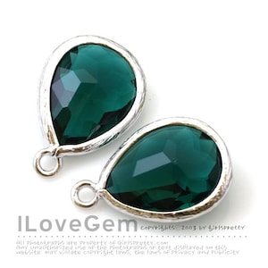 Emerald Green Glass Pendant, P2760, Rhodium Plated Brass, 12X17mm, Framed Teardrop Glass Charm, May Glass Birth stone, Add on Charm