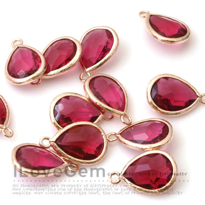 SALE/ 10pcs// P2760, Rose Gold, Ruby, Framed Glass drop, Framed faceted glass stone, Glass pendant, 12X17mm, July Glass Birth stone image 2