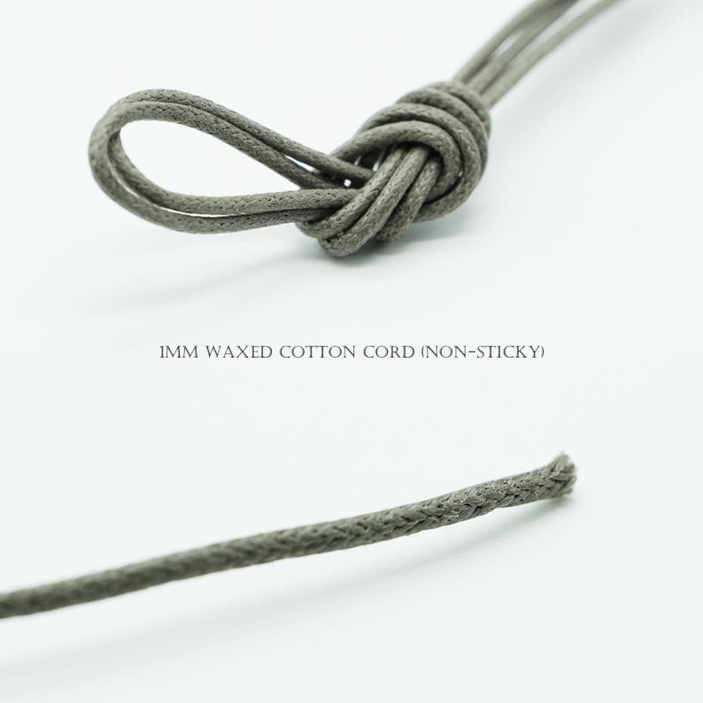 May include: Close-up of gray 1mm waxed cotton cord, knotted and unknotted. The text "1MM WAXED COTTON CORD (NON-STICKY)" is visible. The cord appears to be a muted, neutral color.