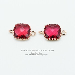 Ruby Color, 9mm Square Glass Connectors, P106, Rose Gold Plated Brass, July Glass Birthstone