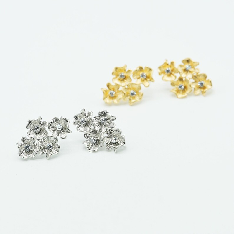 Flower Cluster Stud Earrings, P1003, Matte Gold plated Brass, 15X20.5mm, Floral Earrings with CZ, Botanical Jewelry Supplies image 7
