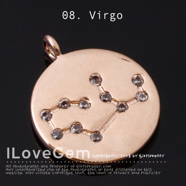 08-ZO-RO Rose Gold Plated, Constellation Necklace, Zodiac Sign Jewelry, Virgo, 11mm, Zodiac Pendant, 1pc