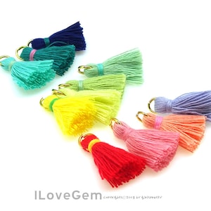 2pcs, TA-048, Cotton Tassels with Gold Jumpring, 20mm, Mini Tassel Pendant, Tassel Charm, Choose Colors