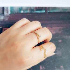 May include: Two gold rings with small clear stones. The ring on the left is a simple band with a delicate design. The ring on the right is a more intricate design with a branch-like shape.