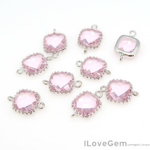 2pcs, P106 Rhodium plated, Pink(Transparent), 9mm Glass Square, Framed Glass connector