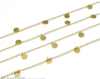 1meter, BC-008, Gold Plated, 145 Curb Chain with 6mm Coin Disc Charm, 6mm Coin Dangle Chain, Unique Chain, Layering Necklace