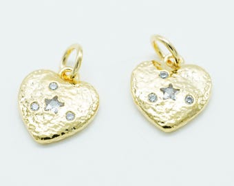 1PCS- Gold Cubic Heart Pendant, NP-2645, Gold Plated Brass, 12mm